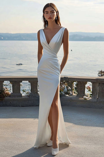 Ivory Satin Sheath V-Neck Maxi Engagement Dress with Slit
